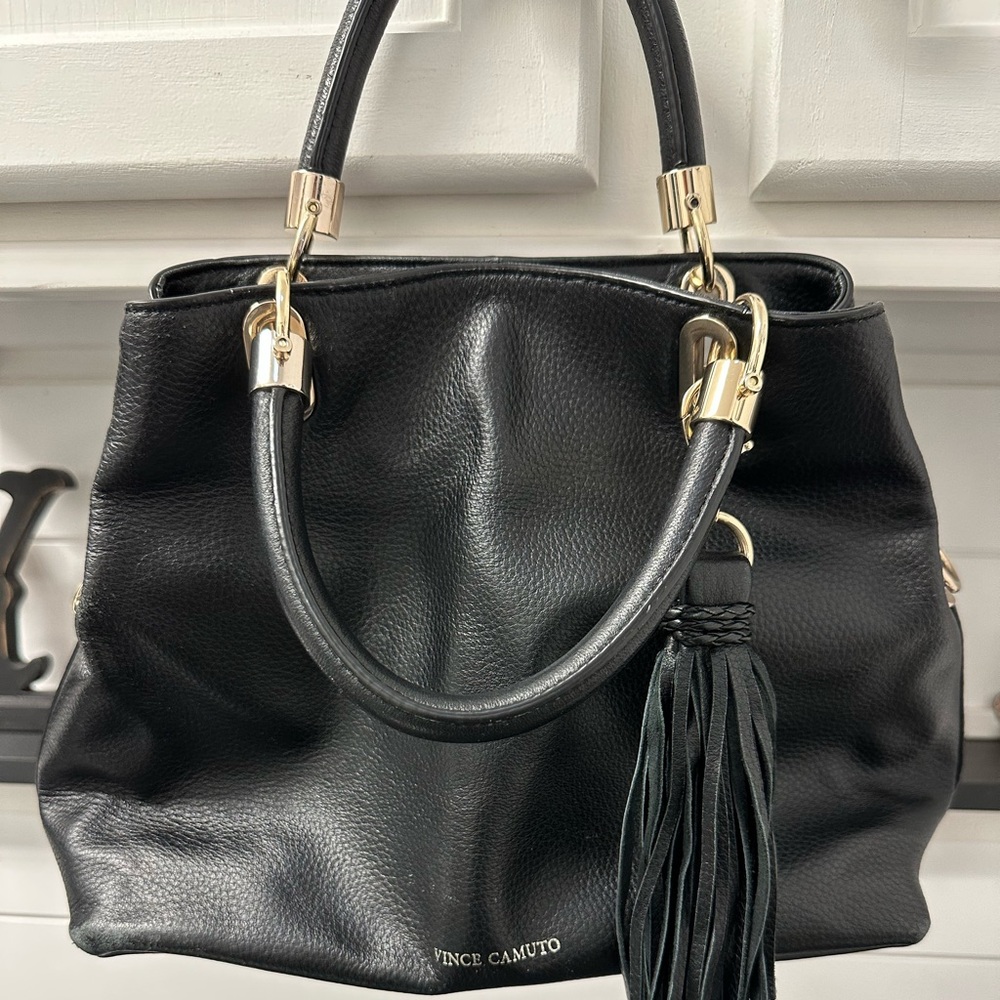 Vince Camuto black leather satchel, 3 pockets, clean interior. Good shape